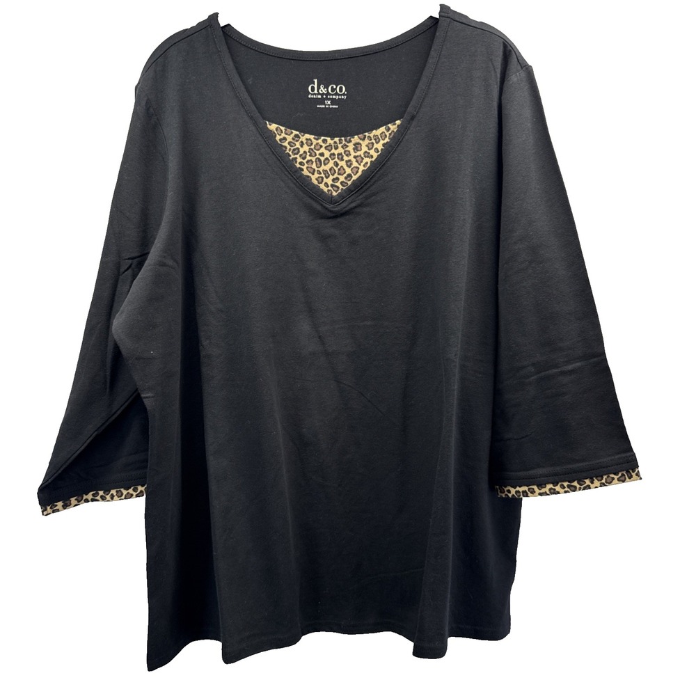 Denim & Co Women's Top Size 1X Plus Black Brown Leopard Trim 3/4 Sleeve Pullover